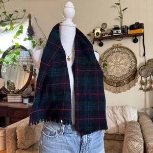 Vintage Dark Green Navy Blue Red Plaid Fringed Winter Scarf